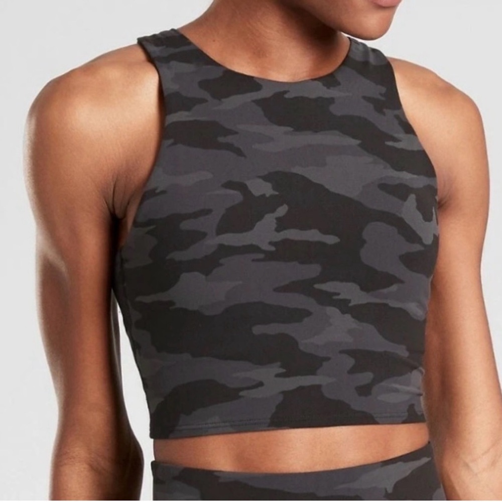 Athleta Conscious Crop sports bra in a black camo print. - Picture 1 of 6